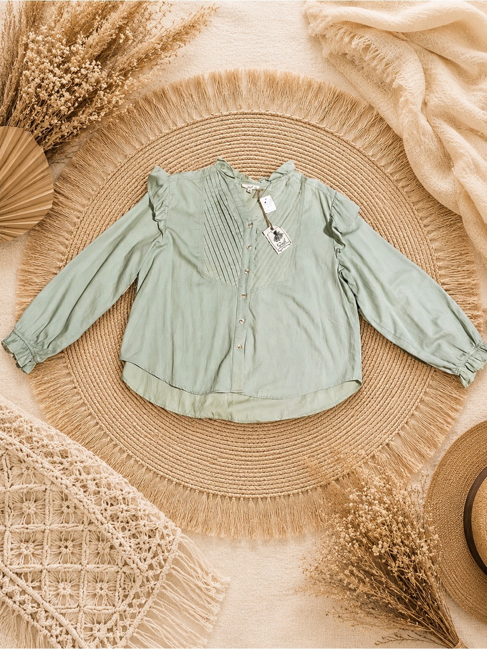 Easel Los Angeles Sage Green Pintuck Ruffle Blouse | NWT | Boho Long Sleeve Top